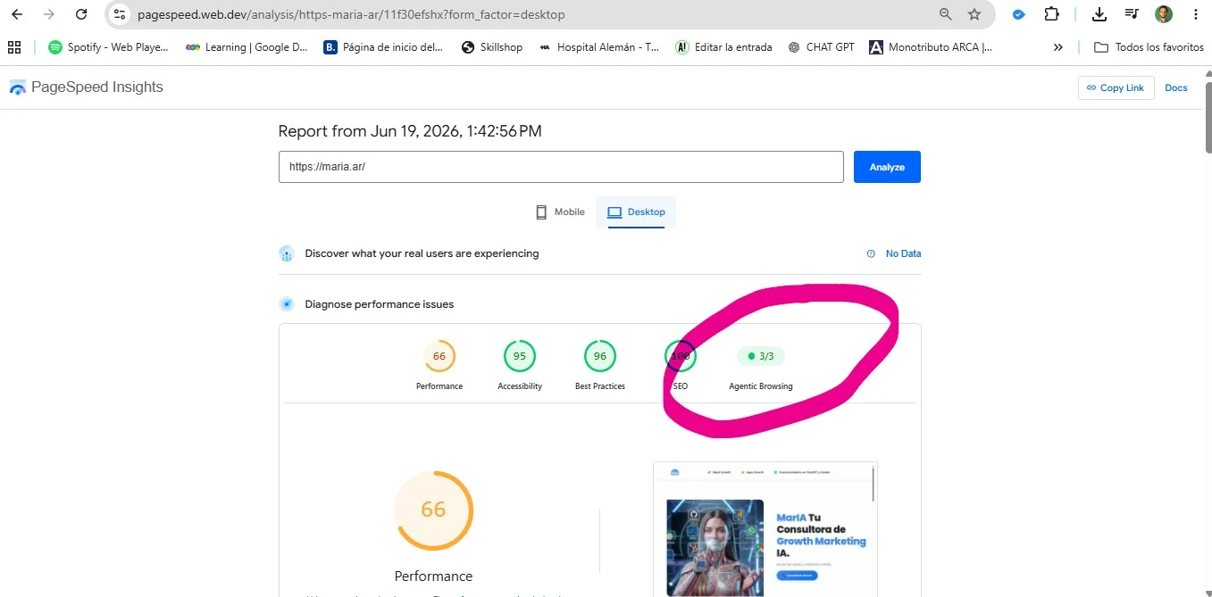 Reporte de PageSpeed Insights con la métrica Agentic Browsing