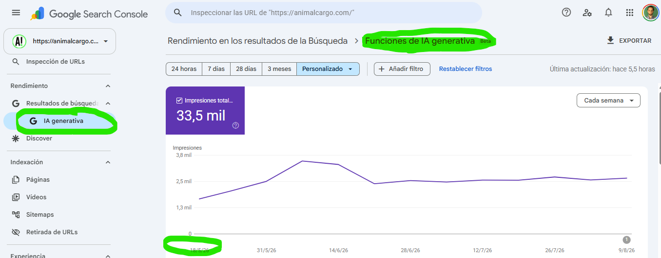 Captura de Google Search Console mostrando por primera vez el reporte de resultados de IA Generativa, con fecha 18 de junio de 2026